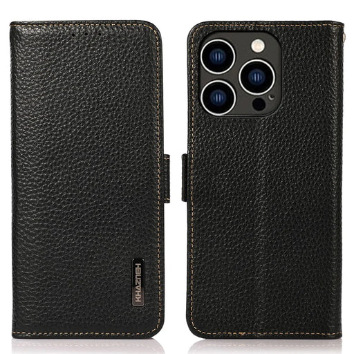 KHAZNEH For iPhone 15 Pro RFID Blocking Phone Case Stand Wallet Genuine Cow Leather Phone Cover - Black - 1