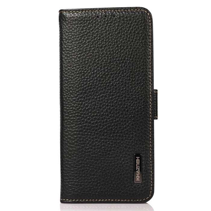KHAZNEH For iPhone 15 Pro RFID Blocking Phone Case Stand Wallet Genuine Cow Leather Phone Cover - Black - 7