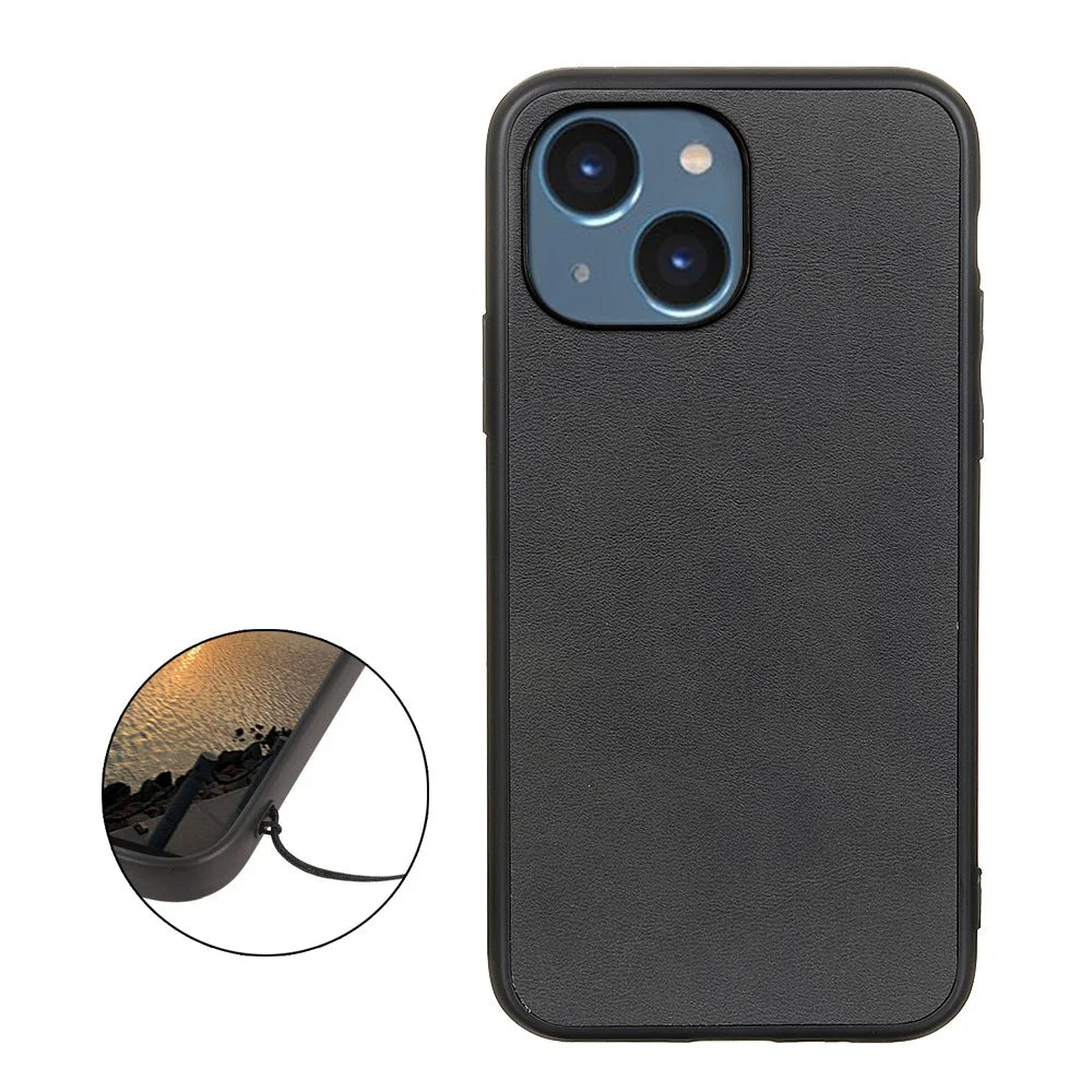 For iPhone 15 PC+TPU+PU Leather Phone Case Cowhide Texture Anti-drop Cover - Black - 2