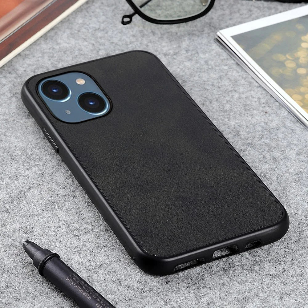 For iPhone 15 PC+TPU+PU Leather Phone Case Cowhide Texture Anti-drop Cover - Black - 3