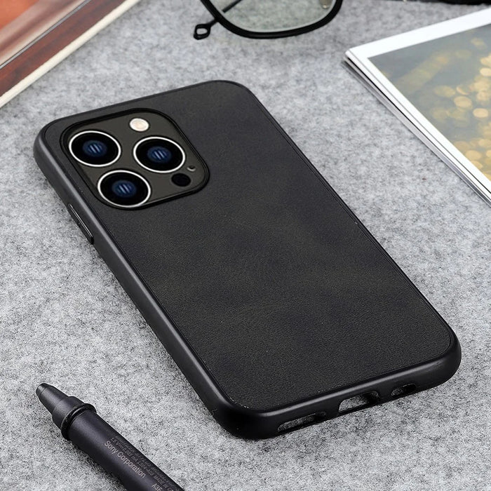 For iPhone 15 Pro Max PC+TPU+PU Leather Anti-Scratch Phone Case Cowhide Texture Back Cover - Black - 3