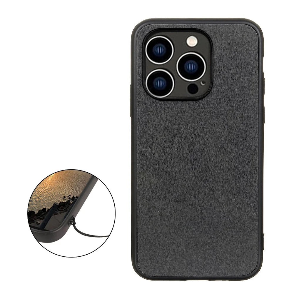 For iPhone 15 Pro PU Leather Coated PC+TPU Phone Case Cowhide Texture Anti-scratch Cover - Black - 2