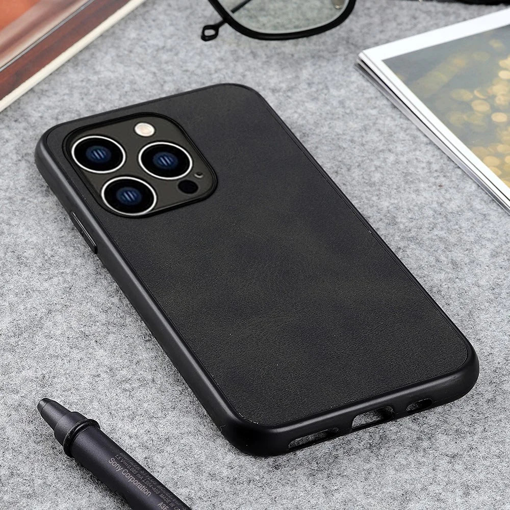For iPhone 15 Pro PU Leather Coated PC+TPU Phone Case Cowhide Texture Anti-scratch Cover - Black - 3