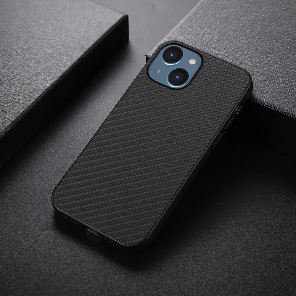 For iPhone 15 Plus PU Leather Coated TPU Mobile Case Carbon Fiber Texture Phone Cover - Black - 3