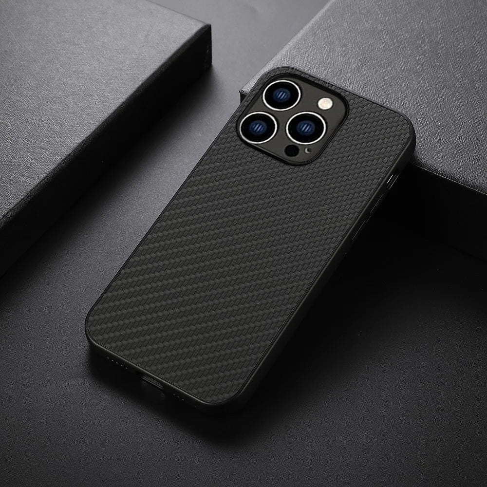 For iPhone 15 Pro Max Carbon Fiber Texture Anti-scratch Cover Leather Coated TPU Phone Case - Black - 3