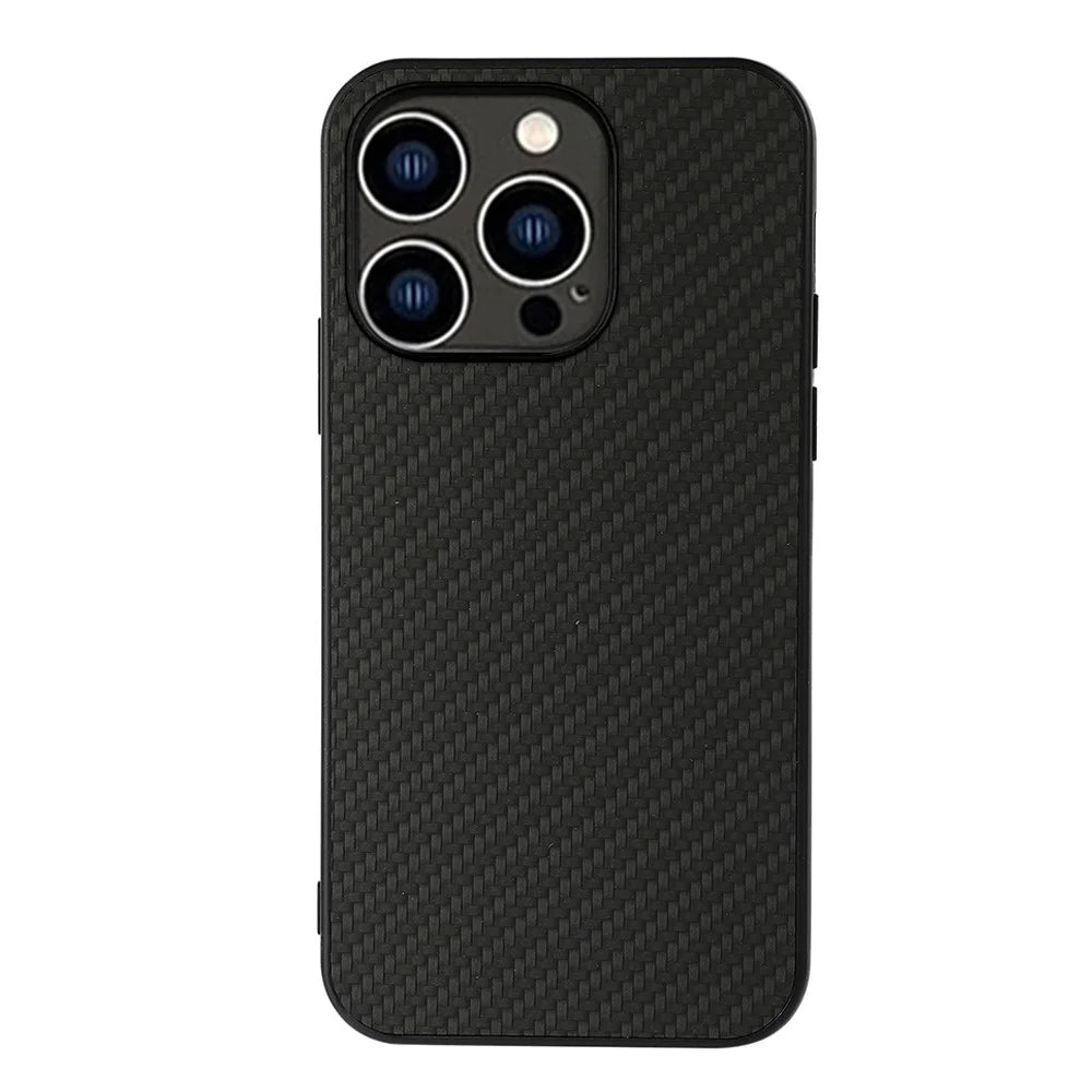 For iPhone 15 Pro Phone Cover Carbon Fiber Texture PU Leather Coated TPU Case - Black - 1