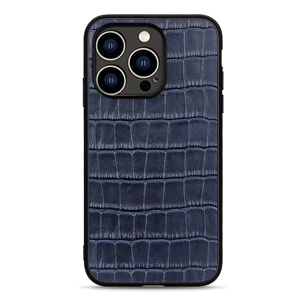 For iPhone 15 Pro Max Crocodile Texture Genuine Cow Leather+TPU+PC Phone Case Phone Cover - Blue - 1