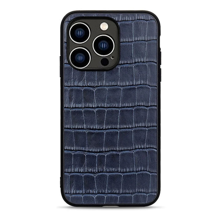 For iPhone 15 Pro Max Crocodile Texture Genuine Cow Leather+TPU+PC Phone Case Phone Cover - Blue - 1