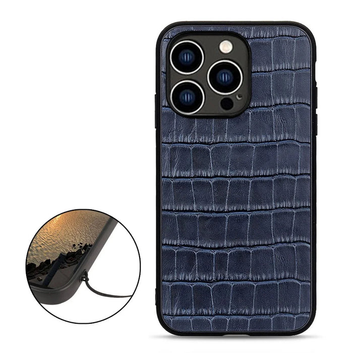 For iPhone 15 Pro Max Crocodile Texture Genuine Cow Leather+TPU+PC Phone Case Phone Cover - Blue - 2