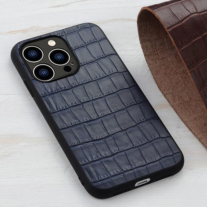 For iPhone 15 Pro Max Crocodile Texture Genuine Cow Leather+TPU+PC Phone Case Phone Cover - Blue - 3