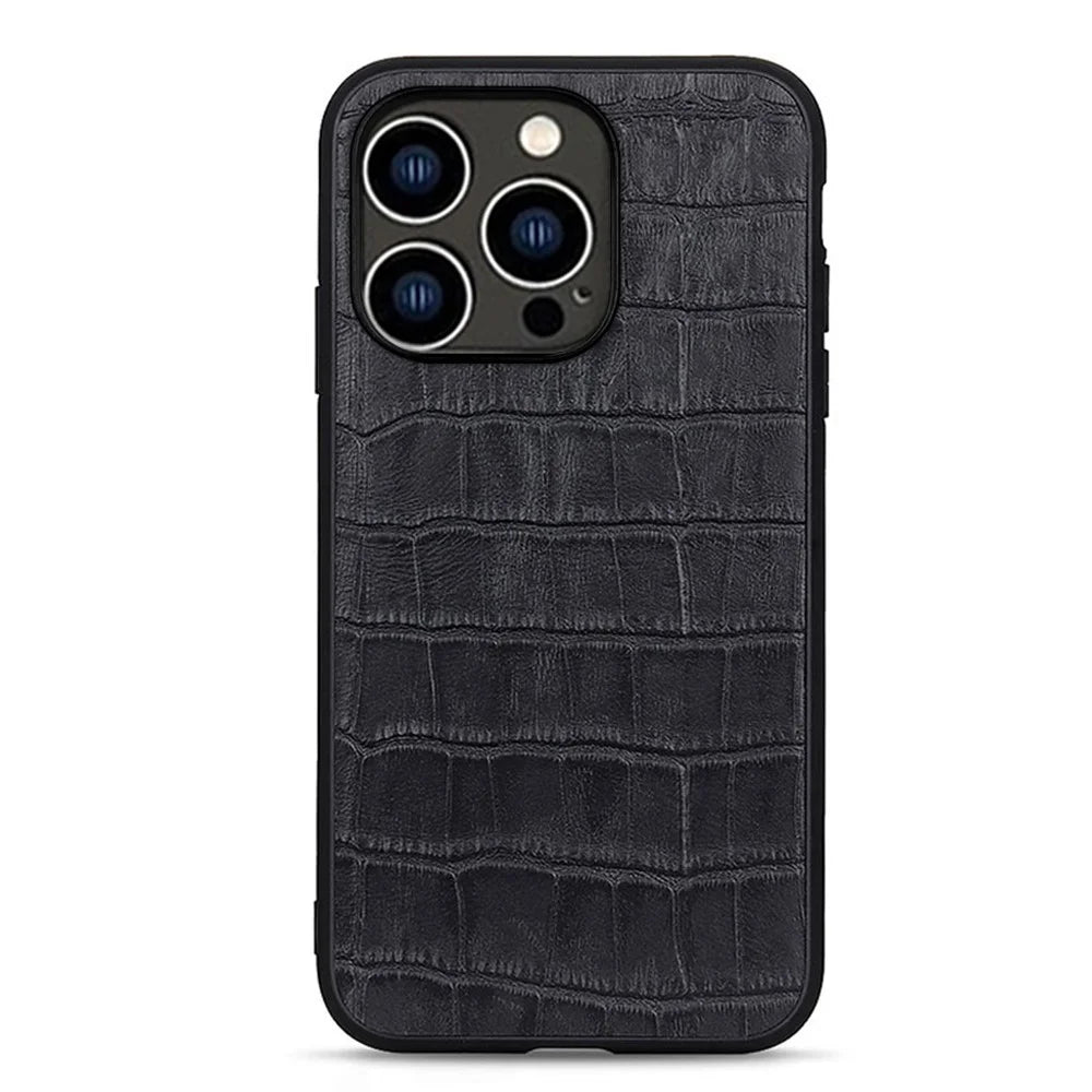 For iPhone 15 Pro Anti-Scratch Shell Crocodile Texture Genuine Cow Leather+TPU+PC Phone Case Phone Cover - Black - 1