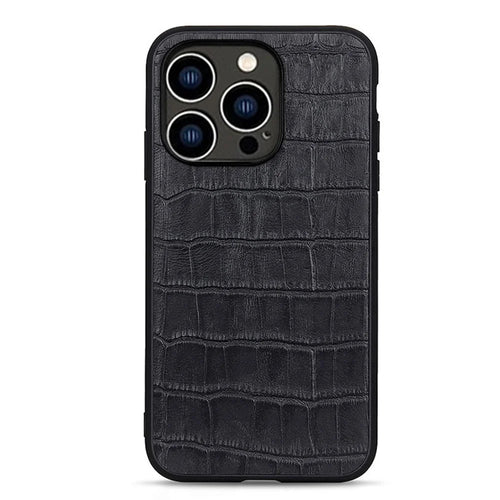 For iPhone 15 Pro Anti-Scratch Shell Crocodile Texture Genuine Cow Leather+TPU+PC Phone Case Phone Cover - Black - 1
