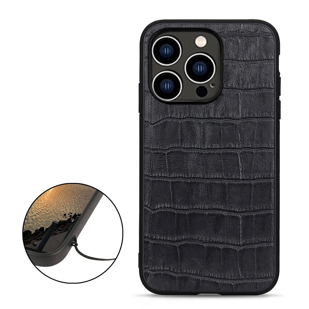For iPhone 15 Pro Anti-Scratch Shell Crocodile Texture Genuine Cow Leather+TPU+PC Phone Case Phone Cover - Black - 2