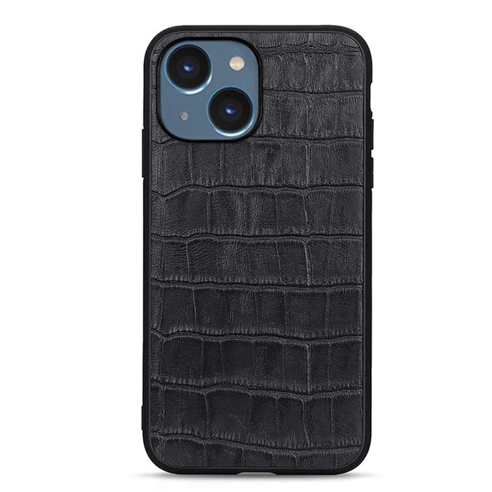 For iPhone 15 Dustproof Genuine Cow Leather+TPU+PC Phone Case Crocodile Texture Phone Cover - Black - 1