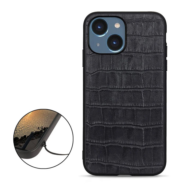 For iPhone 15 Dustproof Genuine Cow Leather+TPU+PC Phone Case Crocodile Texture Phone Cover - Black - 2