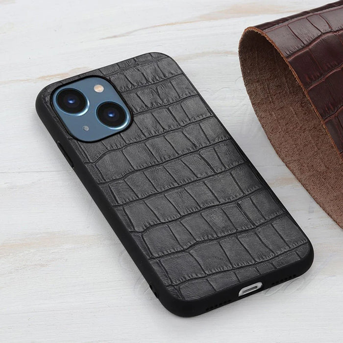 For iPhone 15 Dustproof Genuine Cow Leather+TPU+PC Phone Case Crocodile Texture Phone Cover - Black - 3