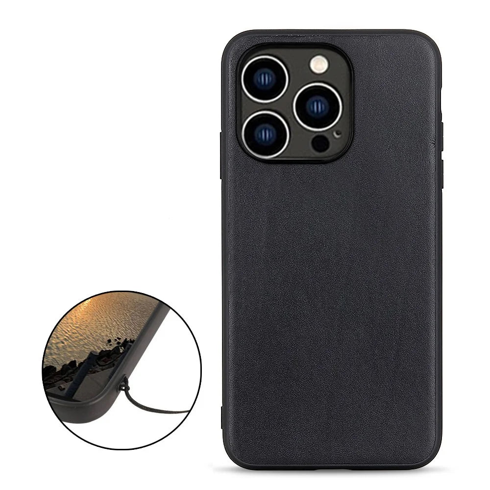 Genuine Cow Leather+TPU Phone Case For iPhone 15 Pro , Shockproof Cell Phone Case - Black - 2