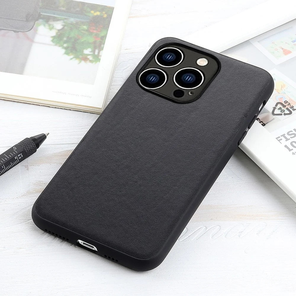 Genuine Cow Leather+TPU Phone Case For iPhone 15 Pro , Shockproof Cell Phone Case - Black - 3