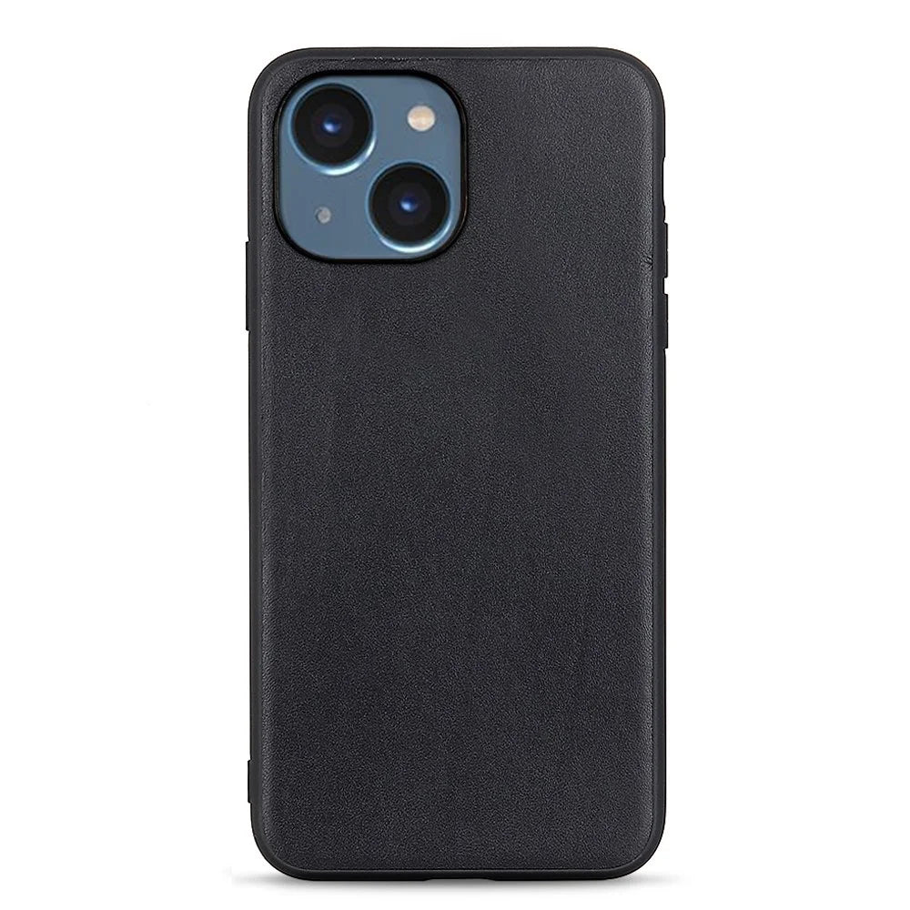 For iPhone 15 Anti-Dust Genuine Cow Leather+TPU Mobile Cover Shockproof Cell Phone Case - Black - 1