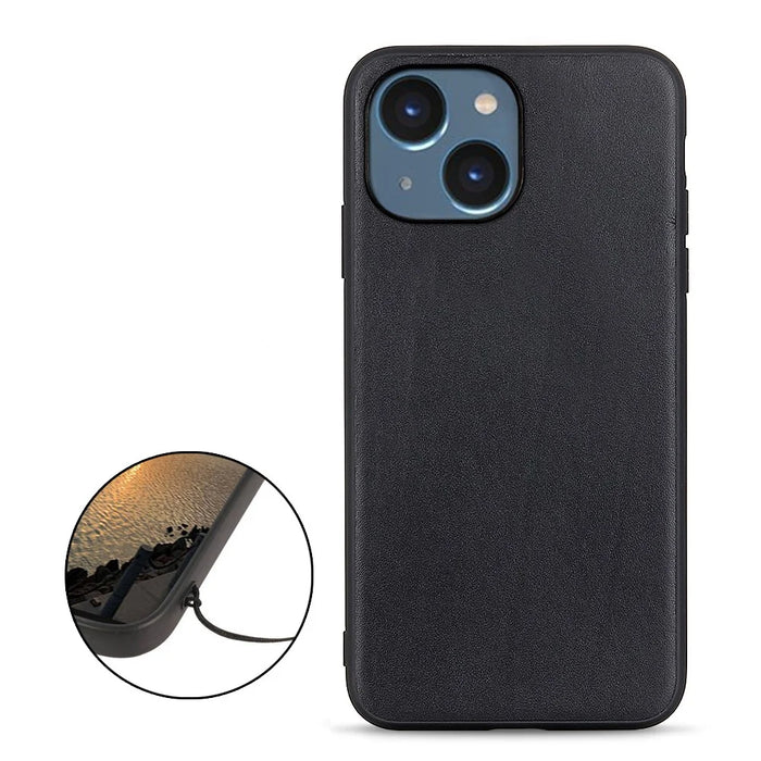 For iPhone 15 Anti-Dust Genuine Cow Leather+TPU Mobile Cover Shockproof Cell Phone Case - Black - 2