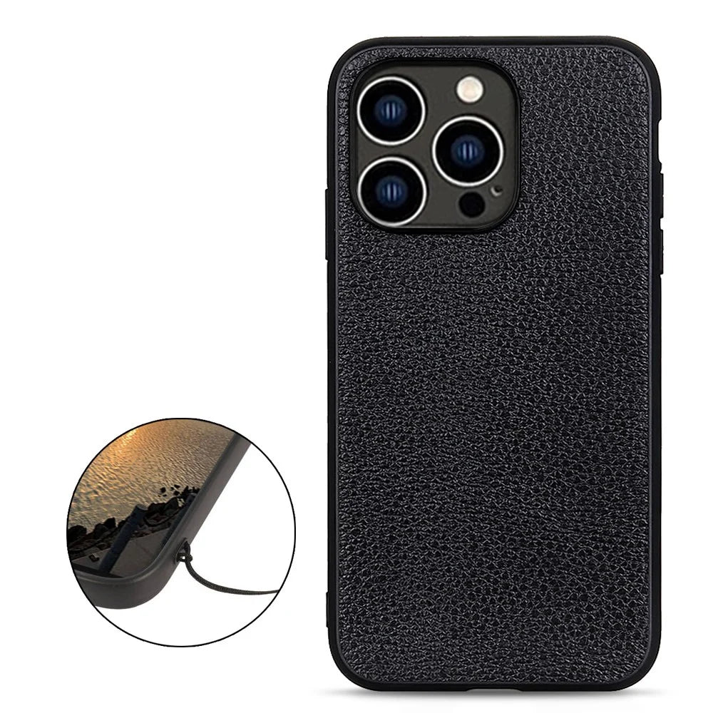 For iPhone 15 Pro Max Cell Phone Cover Litchi Texture Genuine Cow Leather+PC+TPU Smartphone Cover - Black - 2