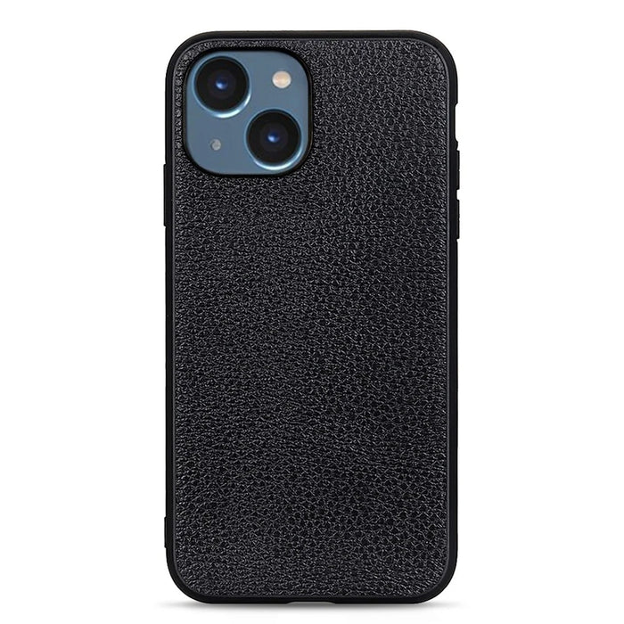 Litchi Texture Phone Case for iPhone 15 , Genuine Cow Leather+PC+TPU Anti-Scratch Hybrid Cover - Black - 1