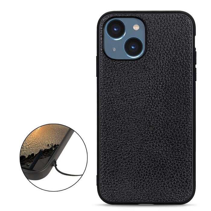 Litchi Texture Phone Case for iPhone 15 , Genuine Cow Leather+PC+TPU Anti-Scratch Hybrid Cover - Black - 2