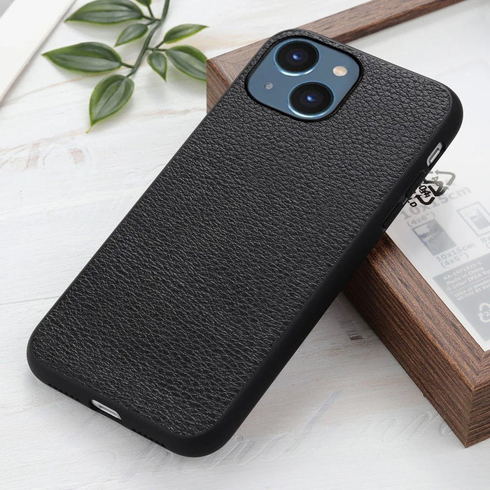 Litchi Texture Phone Case for iPhone 15 , Genuine Cow Leather+PC+TPU Anti-Scratch Hybrid Cover - Black - 3