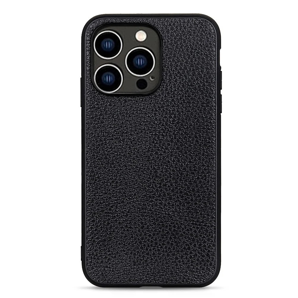 For iPhone 15 Pro Anti-Scratch Litchi Texture Phone Case Genuine Cow Leather+PC+TPU Hybrid Cover - Black - 1