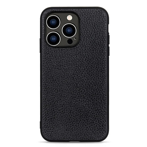 For iPhone 15 Pro Anti-Scratch Litchi Texture Phone Case Genuine Cow Leather+PC+TPU Hybrid Cover - Black - 1