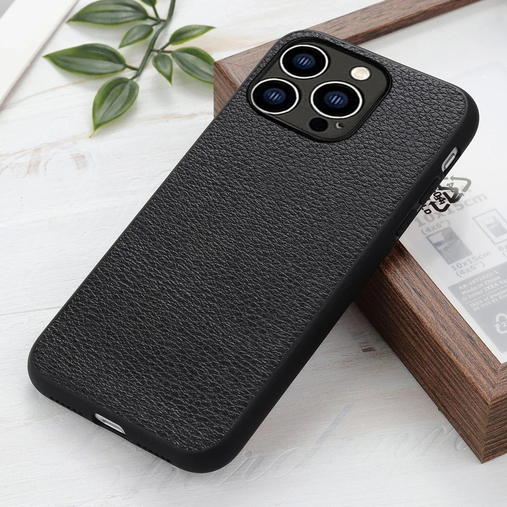 For iPhone 15 Pro Anti-Scratch Litchi Texture Phone Case Genuine Cow Leather+PC+TPU Hybrid Cover - Black - 3