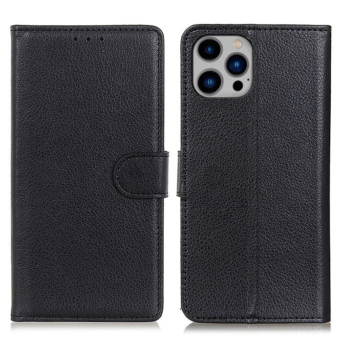 For iPhone 15 Pro Max Litchi Texture Phone Wallet Case PU Leather Stand Protective Phone Cover - Black - 1