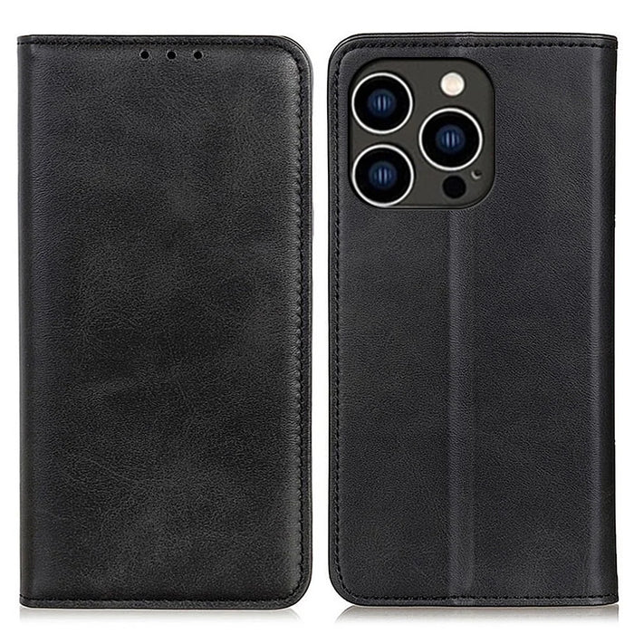 Split Leather Wallet Case for iPhone 15 Pro Max , Full Protection Phone Stand Cover - Black - 1