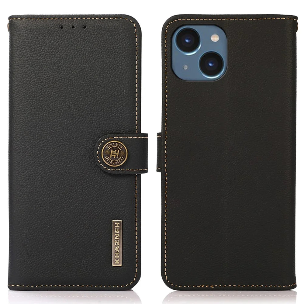 KHAZNEH For iPhone 15 Drop Protection RFID Blocking Wallet Cell Phone Case Genuine Cow Leather Stand Phone Cover - Black - 1