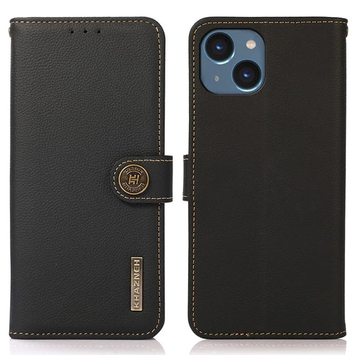 KHAZNEH For iPhone 15 Drop Protection RFID Blocking Wallet Cell Phone Case Genuine Cow Leather Stand Phone Cover - Black - 1
