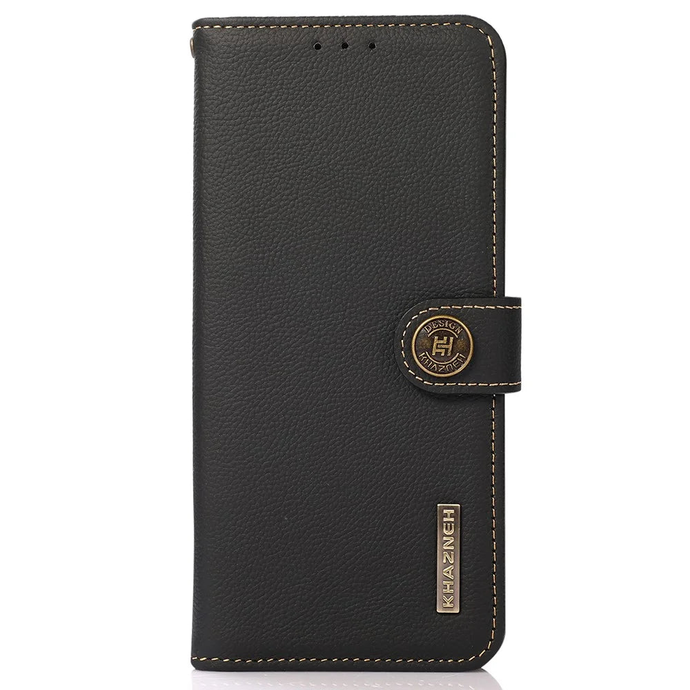 KHAZNEH For iPhone 15 Drop Protection RFID Blocking Wallet Cell Phone Case Genuine Cow Leather Stand Phone Cover - Black - 6
