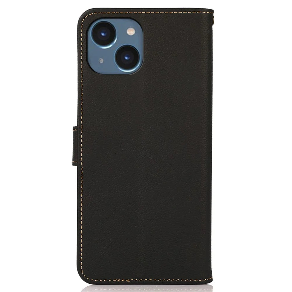 KHAZNEH For iPhone 15 Drop Protection RFID Blocking Wallet Cell Phone Case Genuine Cow Leather Stand Phone Cover - Black - 7