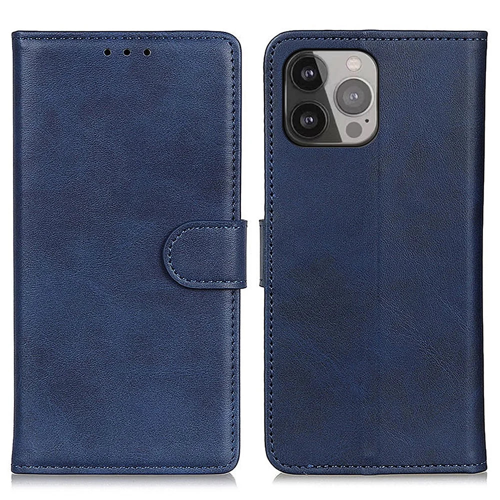 PU Leather Phone Case for iPhone 15 Pro , Stand Cowhide Texture Phone Wallet Protective Cover - Blue - 1