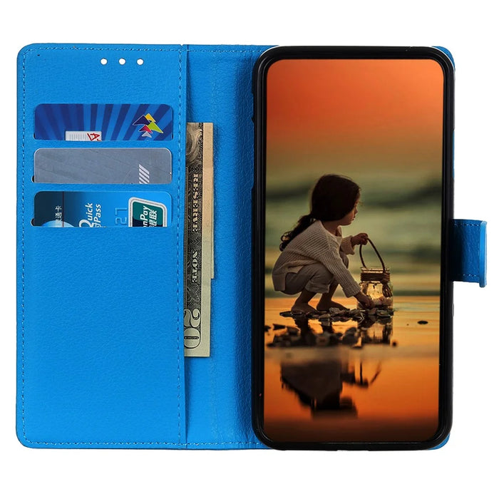 For iPhone 15 Plus Anti-Scratch Phone Case Wallet Stand PU Leather Litchi Texture Protective Shell - Blue - 2