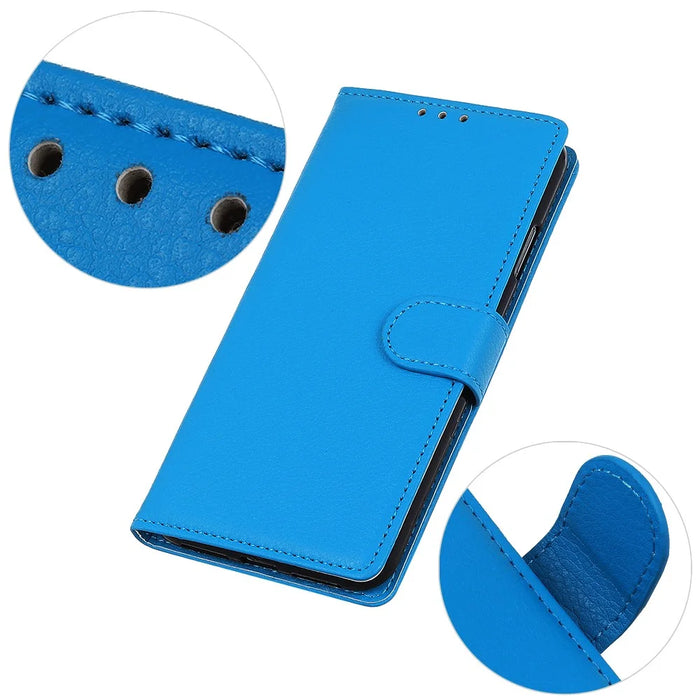 For iPhone 15 Plus Anti-Scratch Phone Case Wallet Stand PU Leather Litchi Texture Protective Shell - Blue - 5