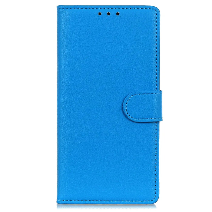 For iPhone 15 Plus Anti-Scratch Phone Case Wallet Stand PU Leather Litchi Texture Protective Shell - Blue - 6