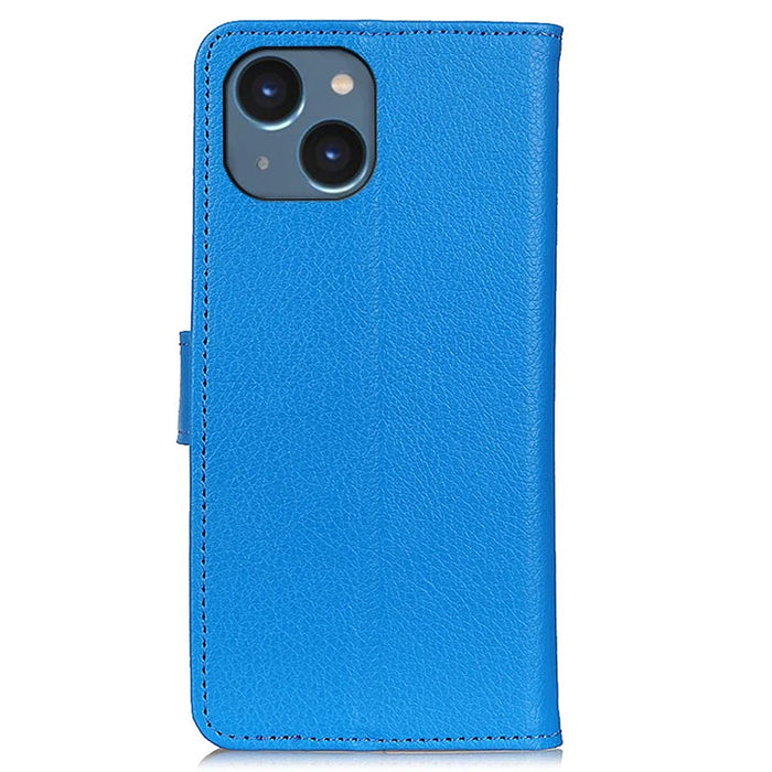 For iPhone 15 Plus Anti-Scratch Phone Case Wallet Stand PU Leather Litchi Texture Protective Shell - Blue - 7