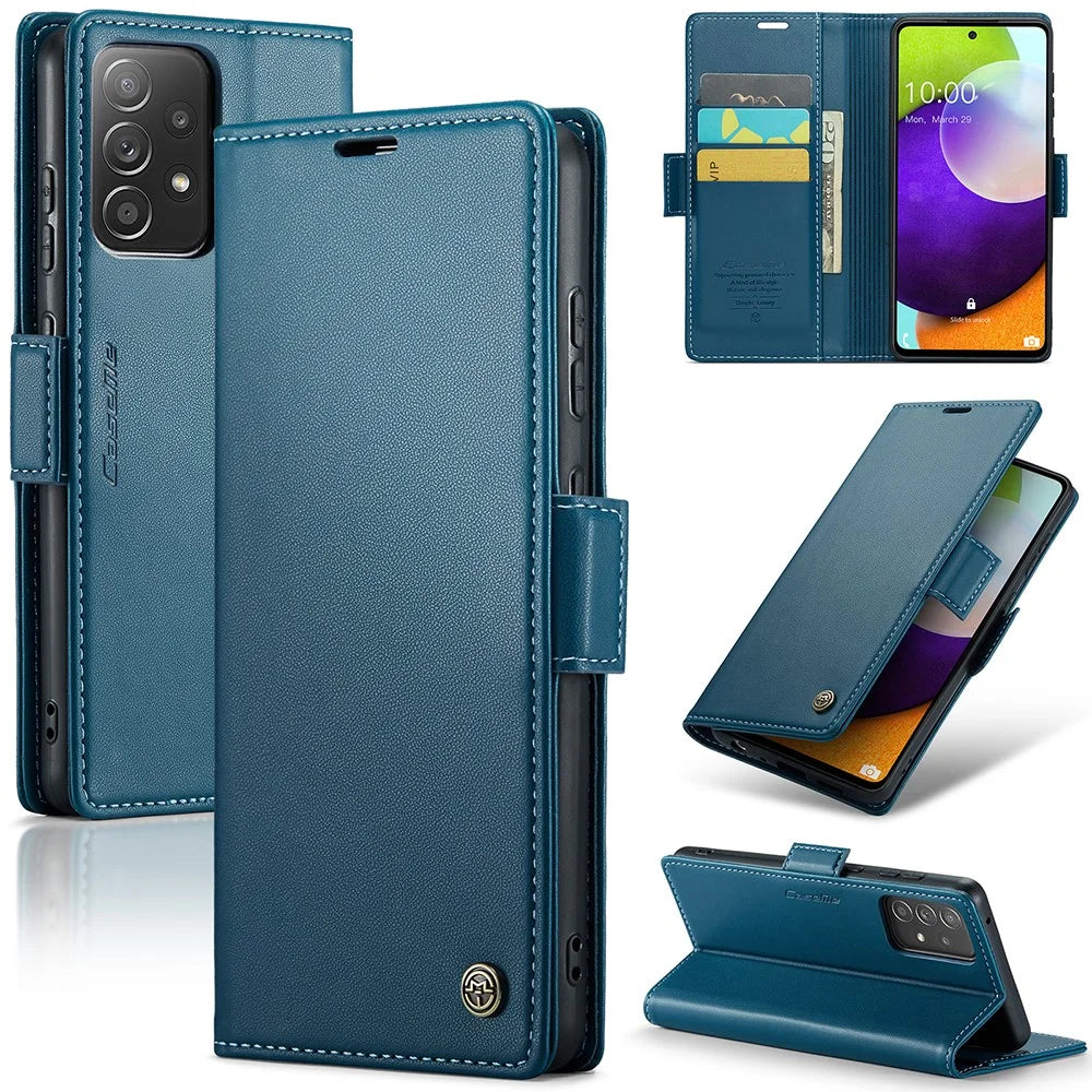 For Samsung Galaxy A52 4G / A52s 5G / A52 5G Leather Case CASEME 023 RFID Blocking 3 Card Slot Mobile Cover - Blue - 1