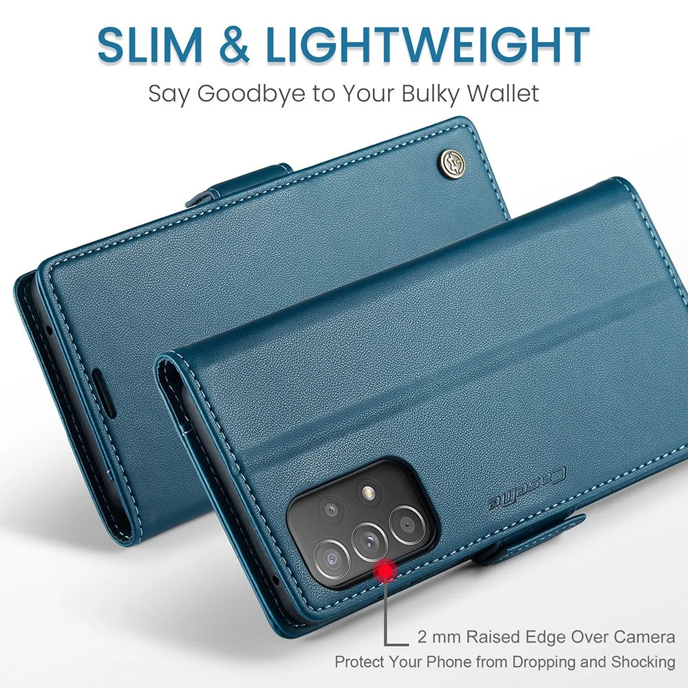 For Samsung Galaxy A52 4G / A52s 5G / A52 5G Leather Case CASEME 023 RFID Blocking 3 Card Slot Mobile Cover - Blue - 5
