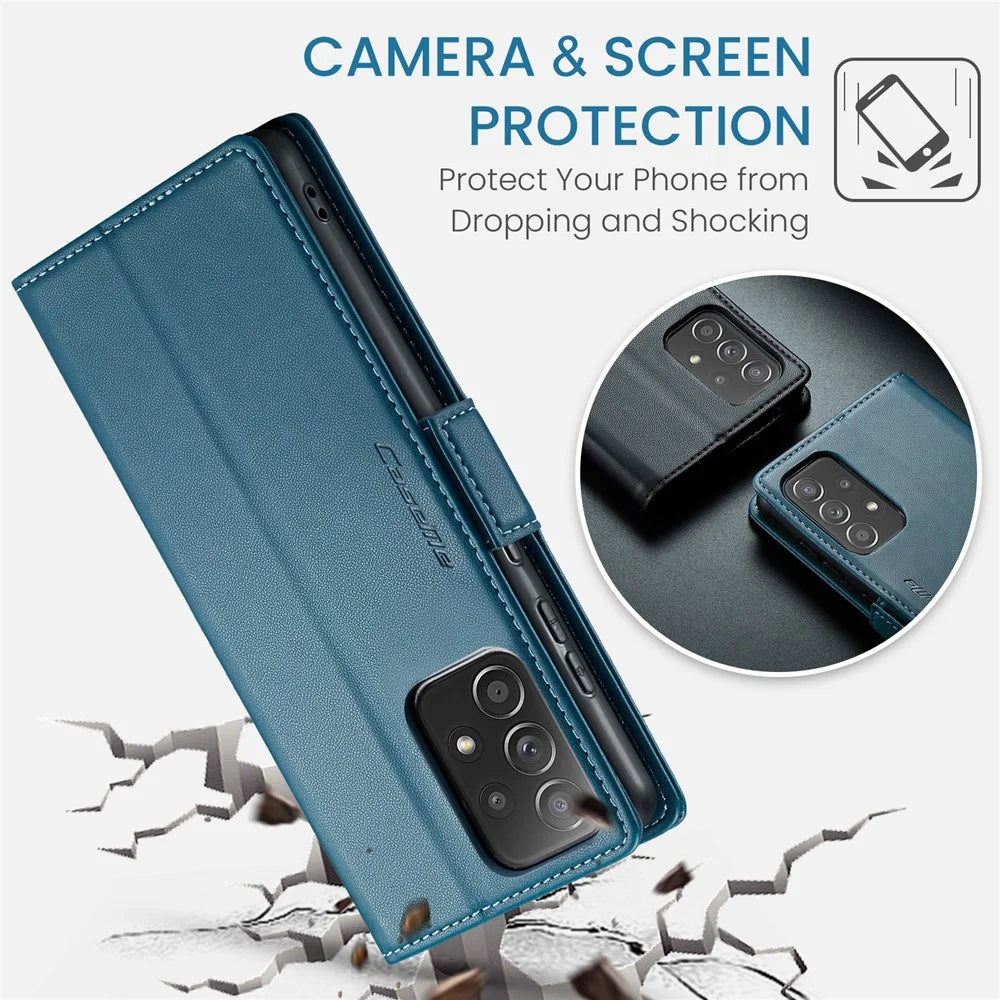 For Samsung Galaxy A52 4G / A52s 5G / A52 5G Leather Case CASEME 023 RFID Blocking 3 Card Slot Mobile Cover - Blue - 6