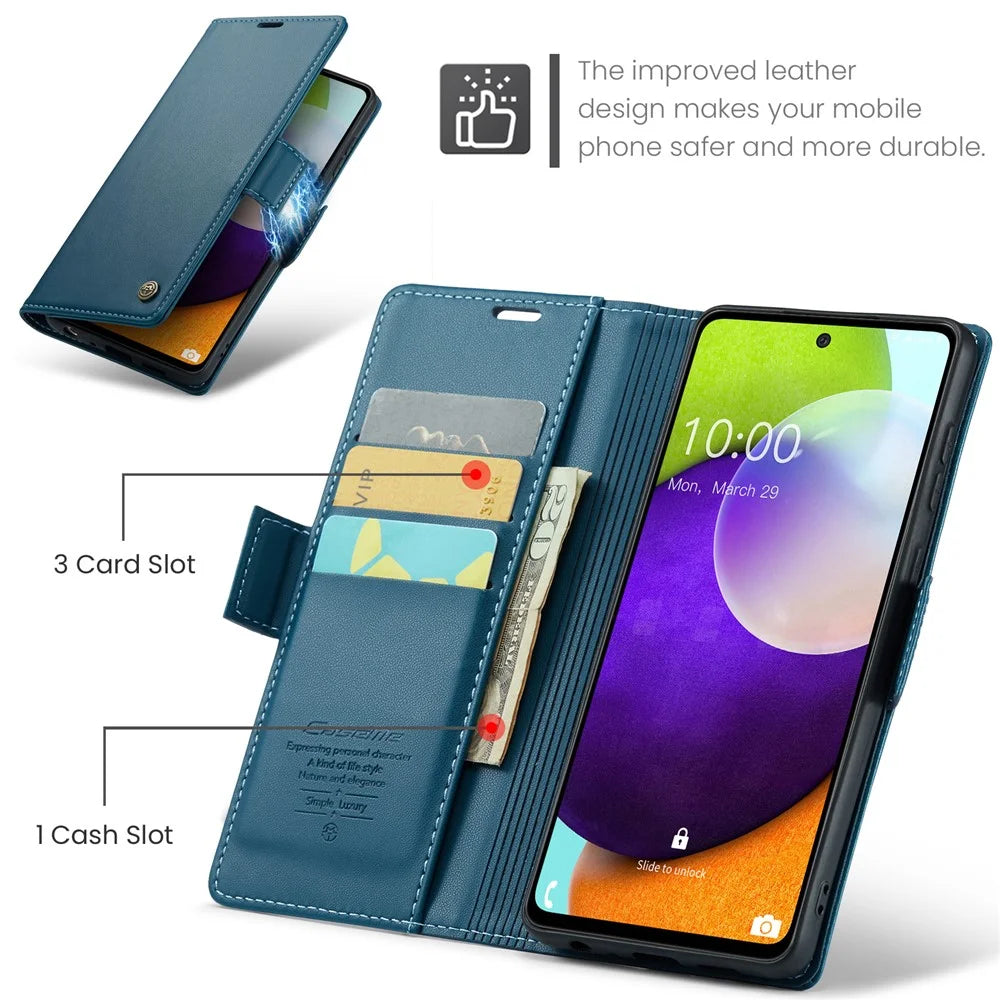 For Samsung Galaxy A52 4G / A52s 5G / A52 5G Leather Case CASEME 023 RFID Blocking 3 Card Slot Mobile Cover - Blue - 7