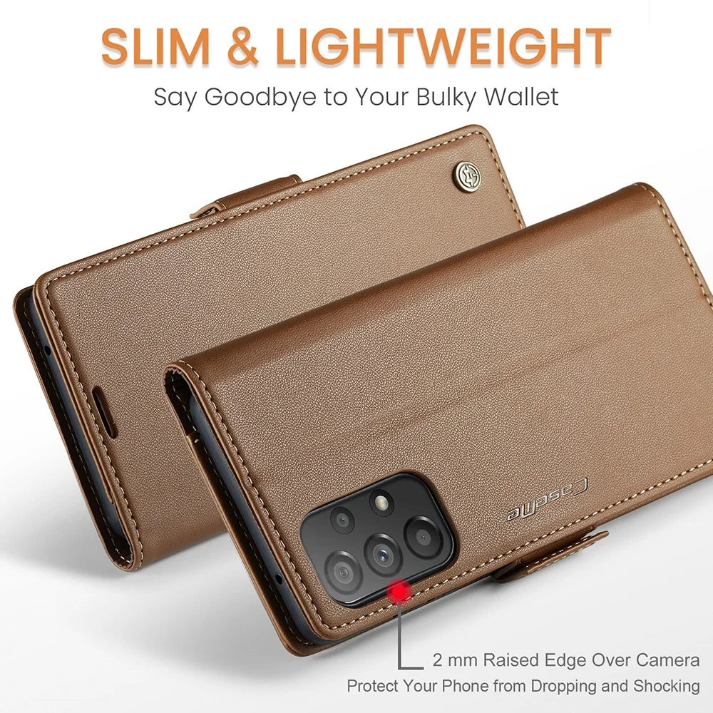 For Samsung Galaxy A53 5G Leather Case CASEME 023 RFID Blocking 3 Card Slot Mobile Cover - Brown - 5