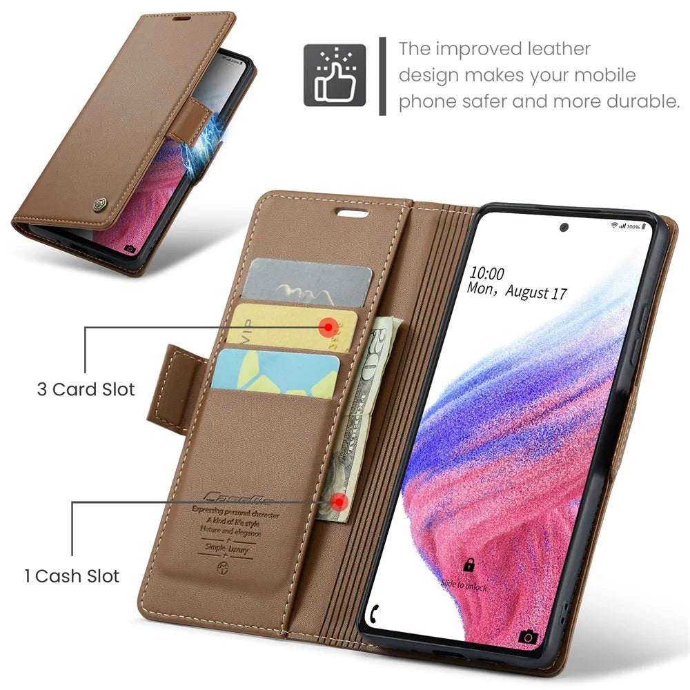 For Samsung Galaxy A53 5G Leather Case CASEME 023 RFID Blocking 3 Card Slot Mobile Cover - Brown - 7