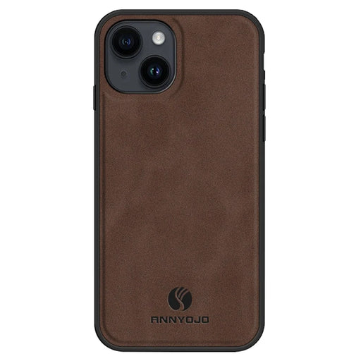 ANNYOJO For iPhone 14 Phone Case Support Magnetic Car Mount PU Leather Coated PC+TPU Cover - Coffee - 1