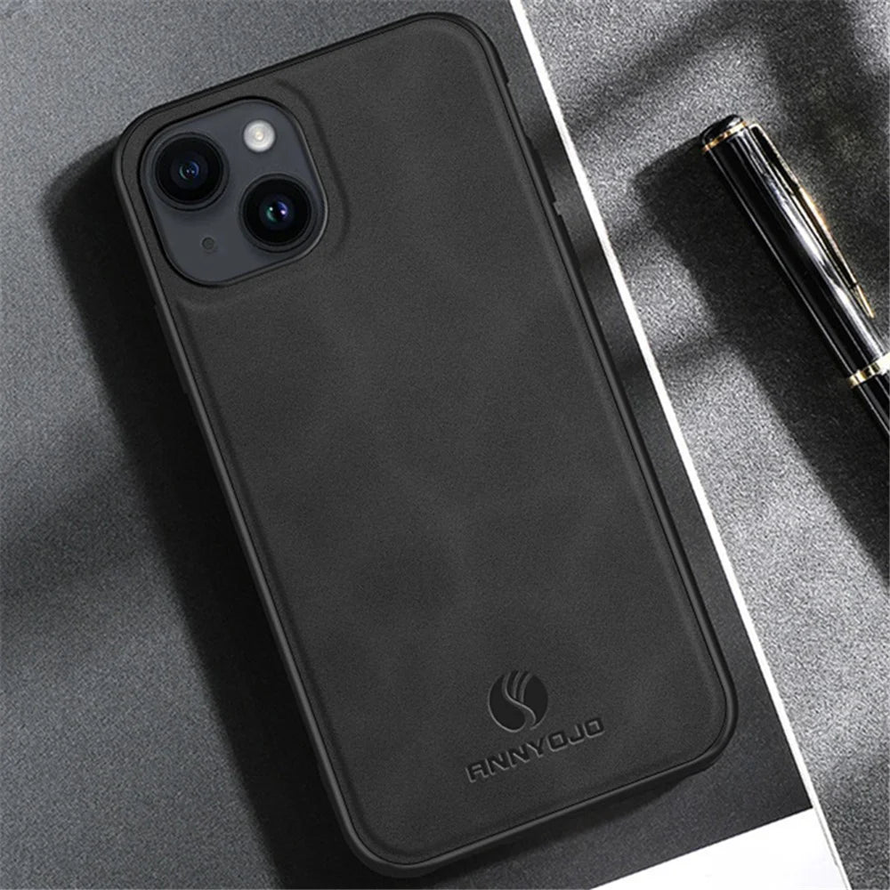 ANNYOJO For iPhone 14 Phone Case Support Magnetic Car Mount PU Leather Coated PC+TPU Cover - Coffee - 5